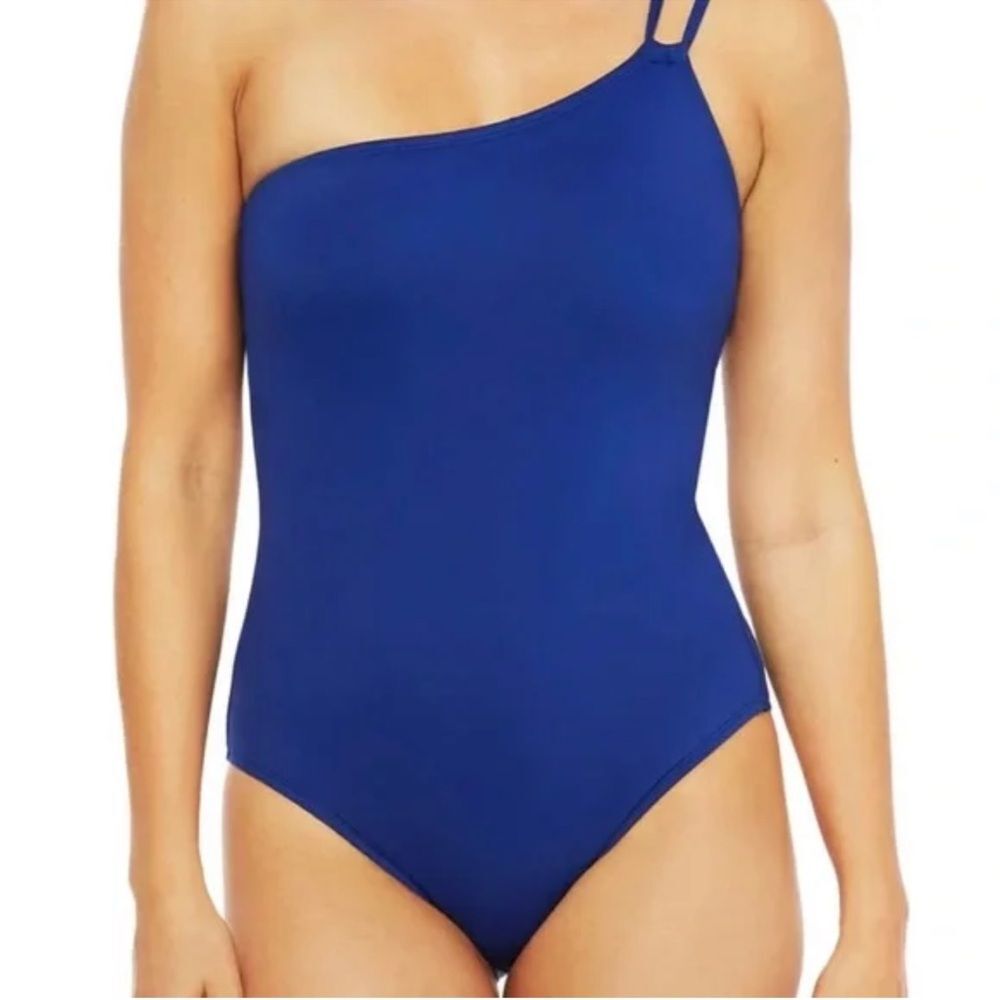 NWT La Blanca Island Goddess Lace Back One Shoulder OnePiece Swimsuit Royal Blue
